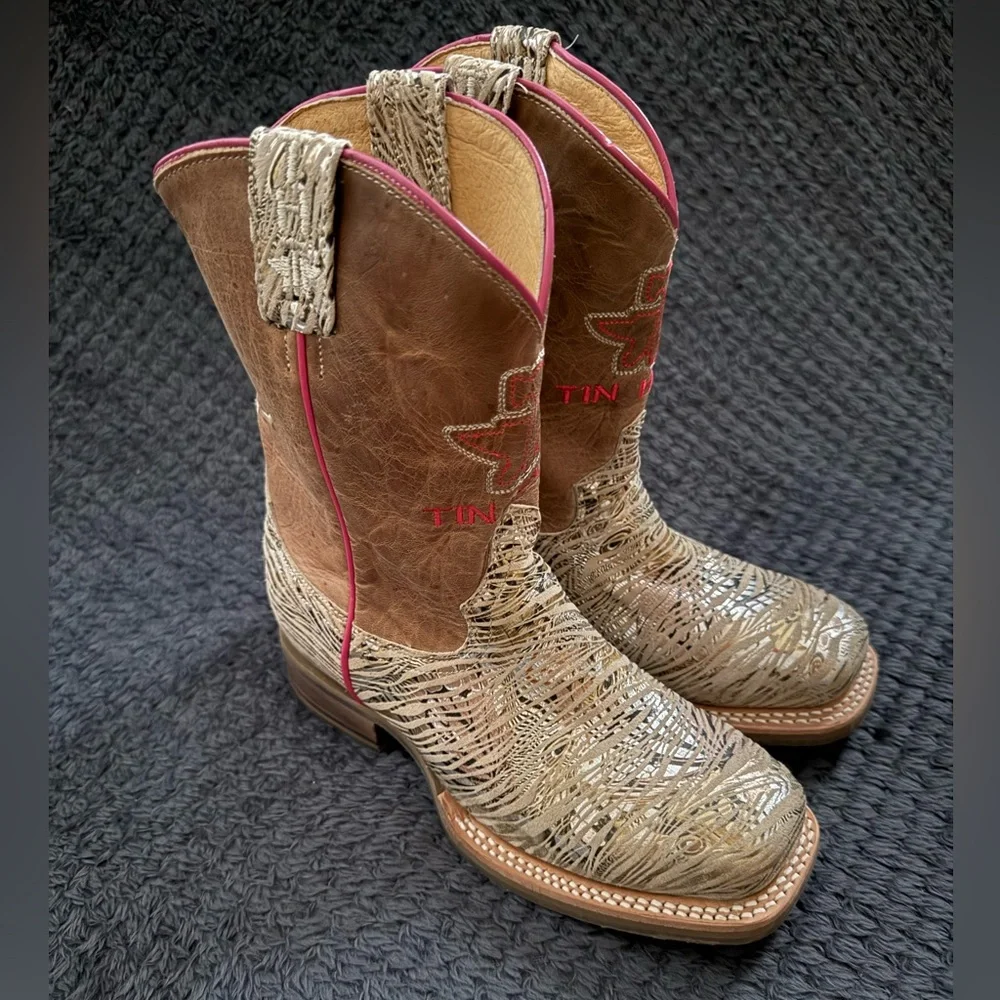 Tin Haul Kids Cowboy Boots Golden Tiger Hear Me Roar Brown Cream w Pink Accents - Picture 3 of 11